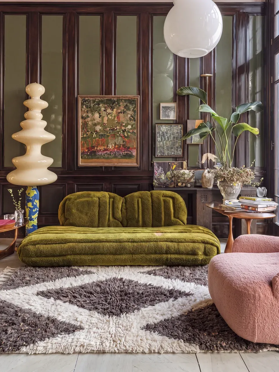 Tamda charcoal and ivory hand-knotted Beni Ourain rug in a living room
