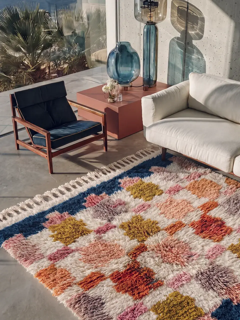 Jidar pink and ochre checkered Moroccan rug on a covered patio