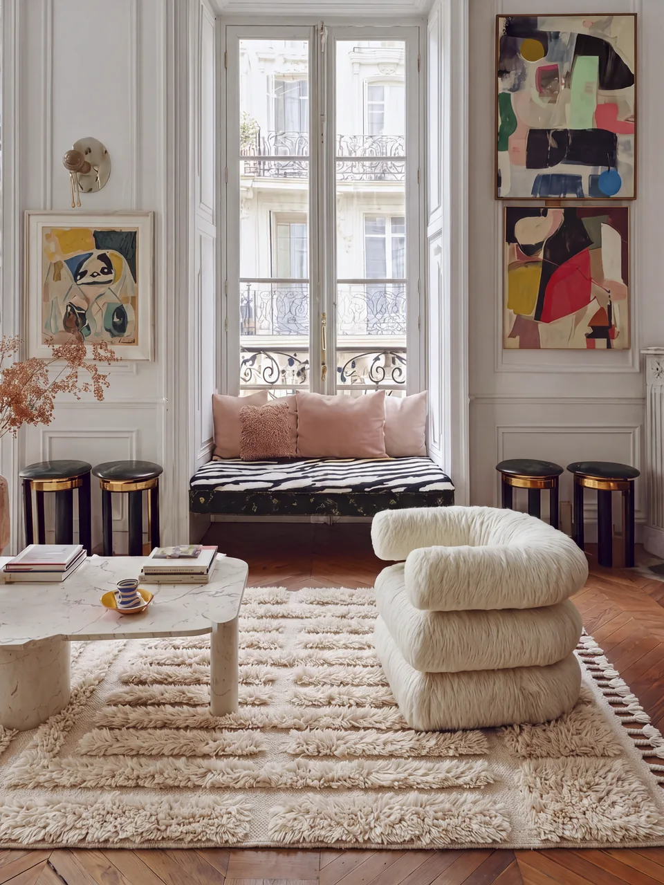 Kasbah ivory sculpted Beni Mrirt rug in a living room