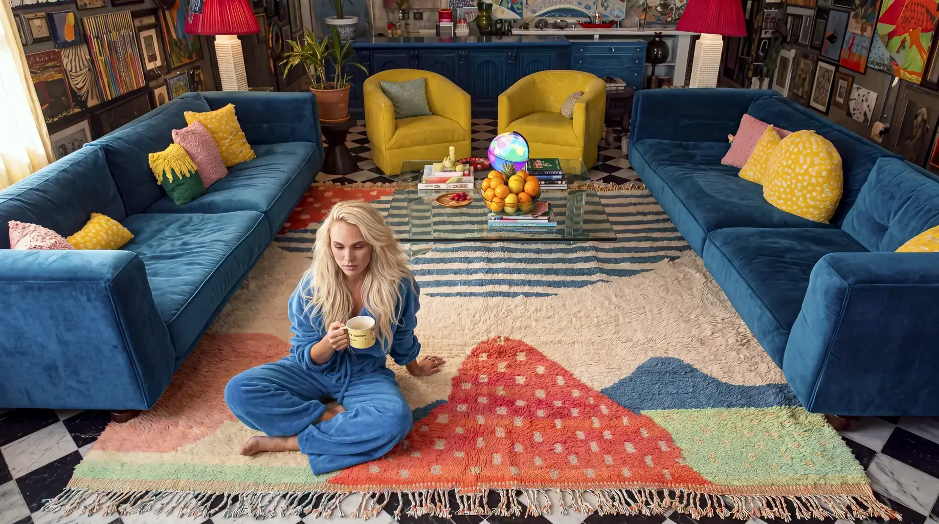 Tafsut Blue & Coral handcrafted Beni Ourain rug under two blue velvet sofas and two yellow armchairs in a large living room