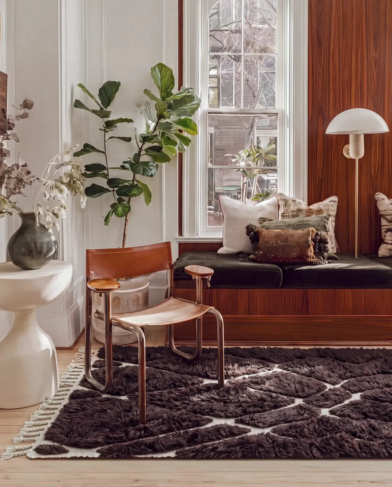 Akal Chocolate handcrafted Beni Mrirt rug under a leather sling chair in a window seat nook