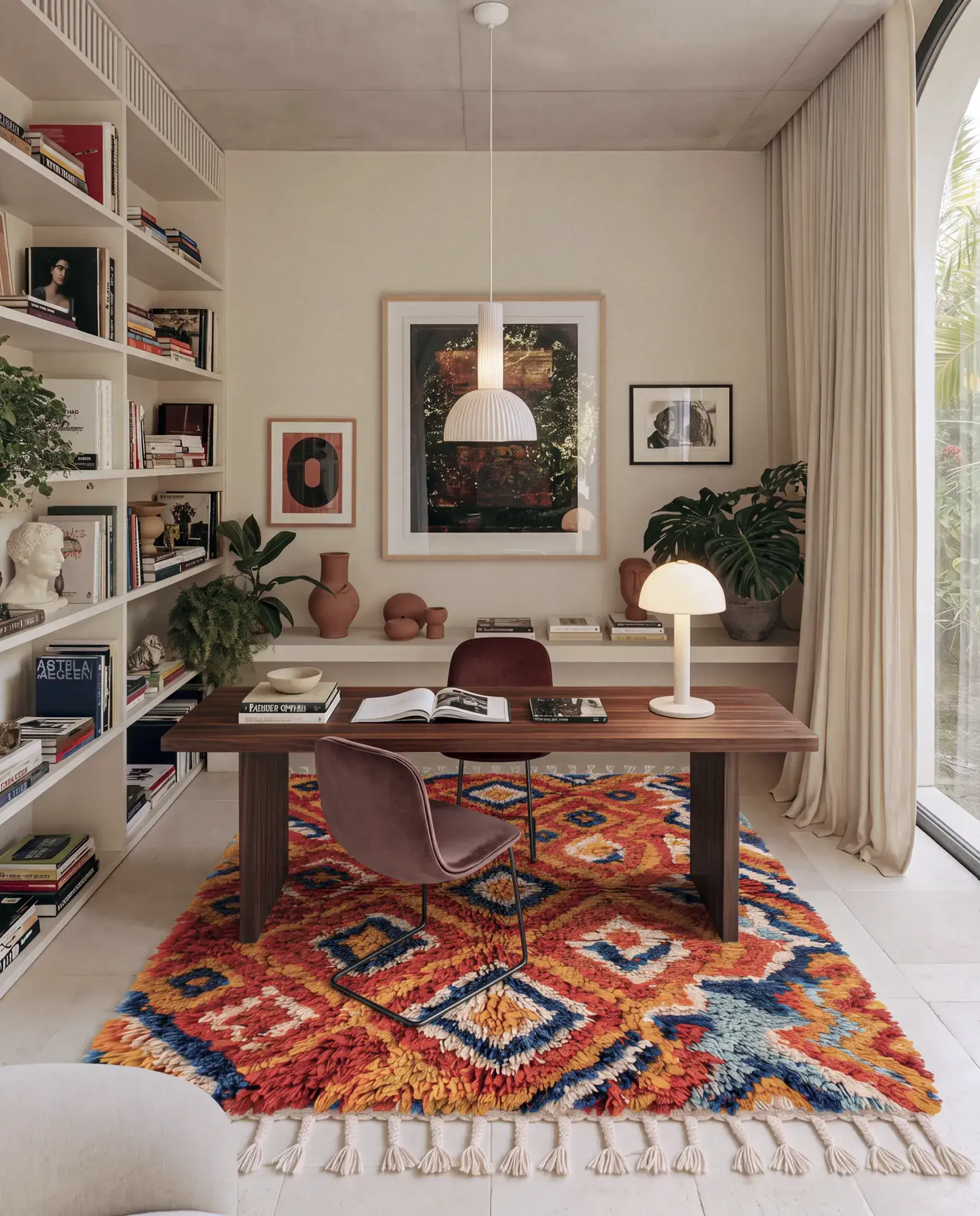 Rumana Red-Orange & Ochre handmade Boujaad rug under a walnut writing desk and chair in a home office lined with bookshelves