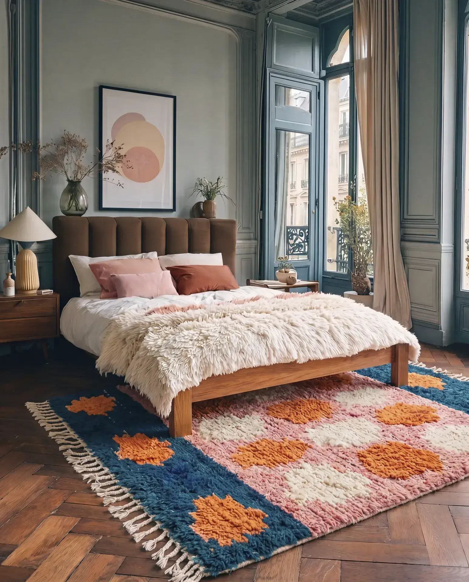 Fakhar Blue & Orange hand-knotted Moroccan rug under the foot of a wood bed in a paneled bedroom with herringbone floors