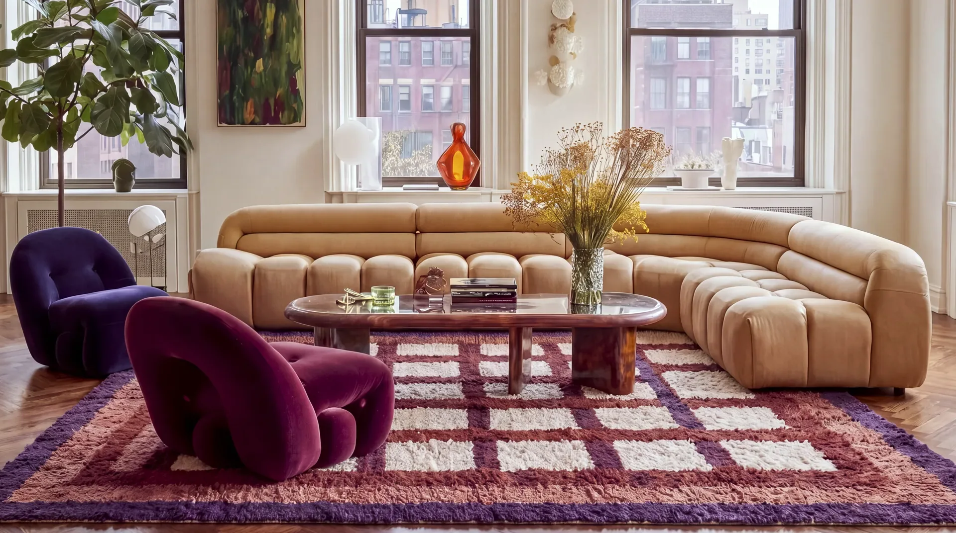 Tigmi Purple & Brown handmade Moroccan checkered rug under a tan curved sectional and two velvet armchairs in a living room