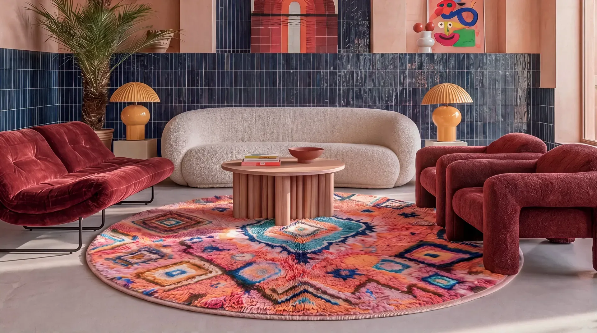 Amalou Pink & Orange hand-knotted Boujaad round rug under a cream curved sofa and burgundy velvet chairs, navy tiled wall behind