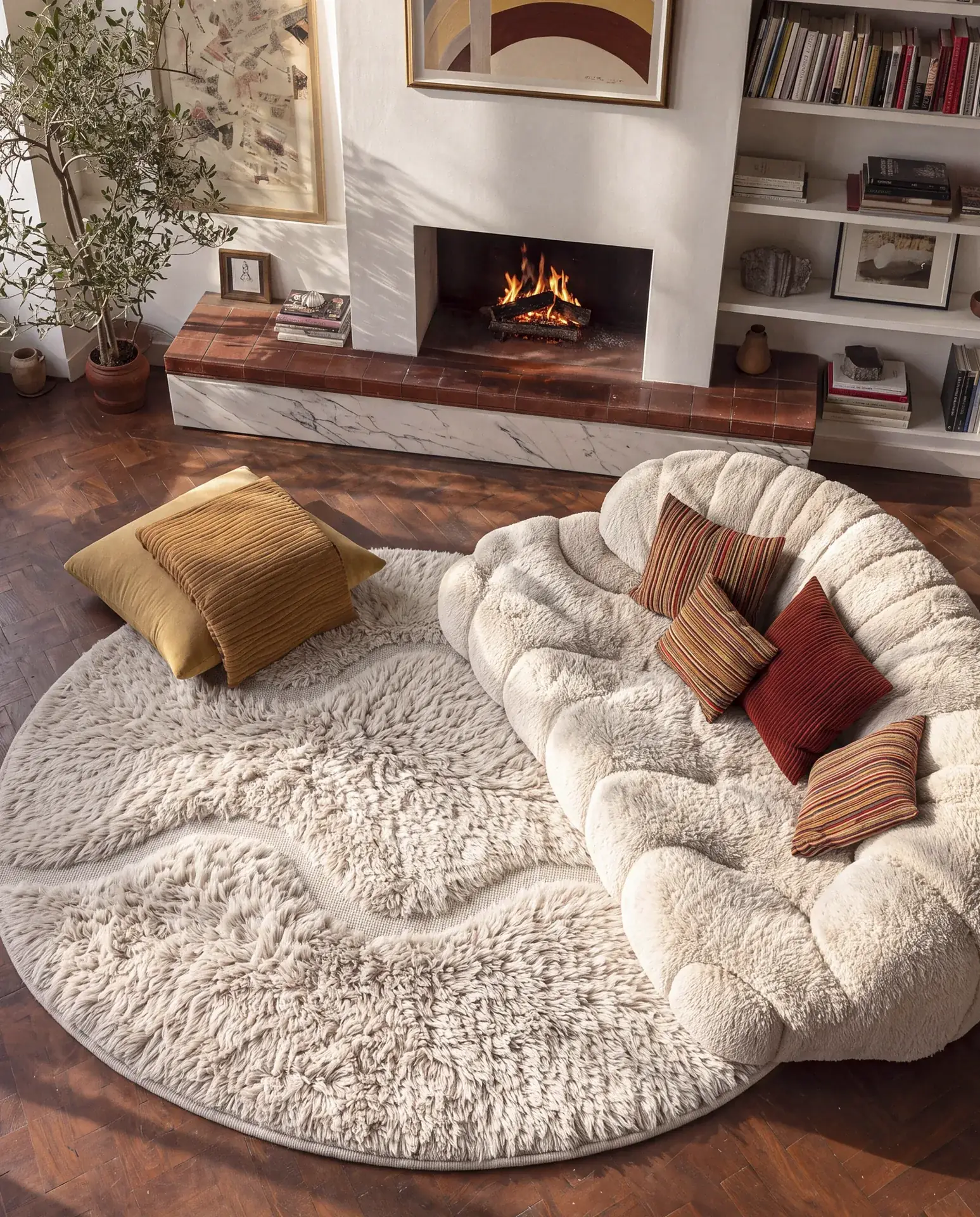 Draa Ivory hand-knotted round Moroccan rug at the foot of a fireplace beside a tufted cream sofa