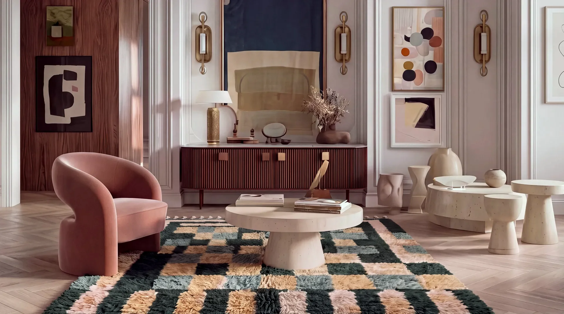 Darja Forest Green & Camel hand-knotted Moroccan checkered rug in a living room beside a wood credenza and a pink armchair