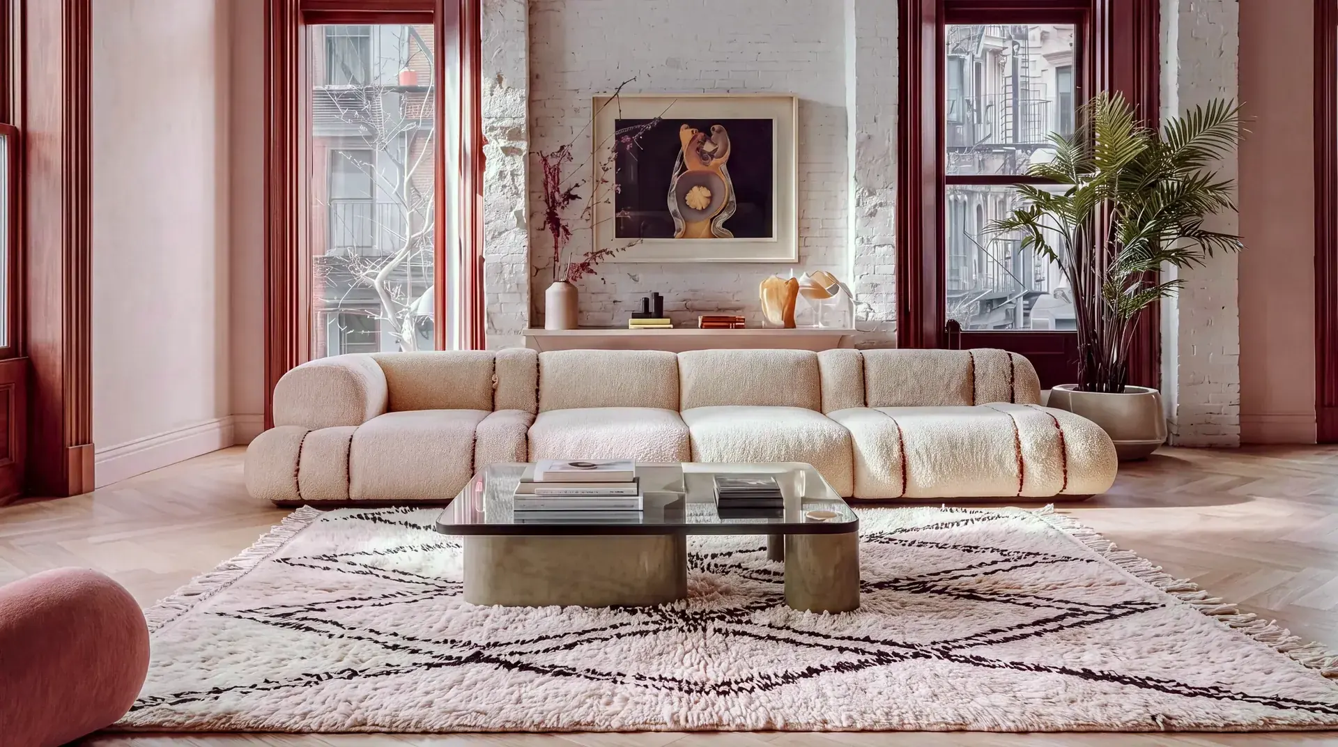 Tizi Ivory & Black hand-knotted Beni Ourain rug in a loft living room under a cream modular sofa on a herringbone floor