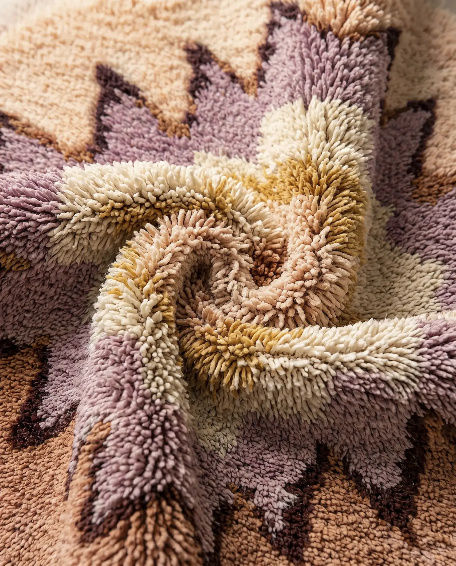 Close-up of the wool pile of a hand-knotted Boujaad rug in lilac, cream, peach and mustard