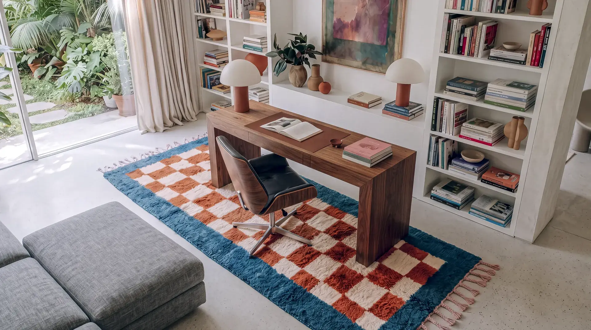 Afrag Blue & Rust hand-knotted Moroccan office rug, a rust and ivory checker, under a walnut desk and leather chair
