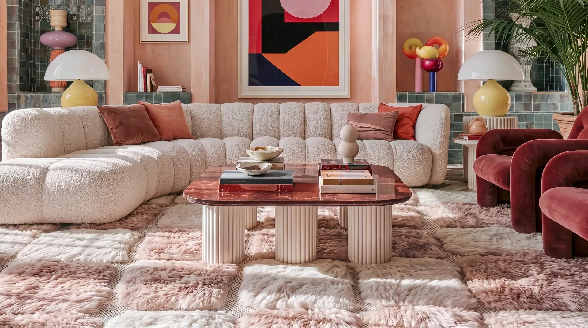 Bejmat Blush & Cream hand-knotted Beni Mrirt modern rug with raised shag squares under a cream channel sofa