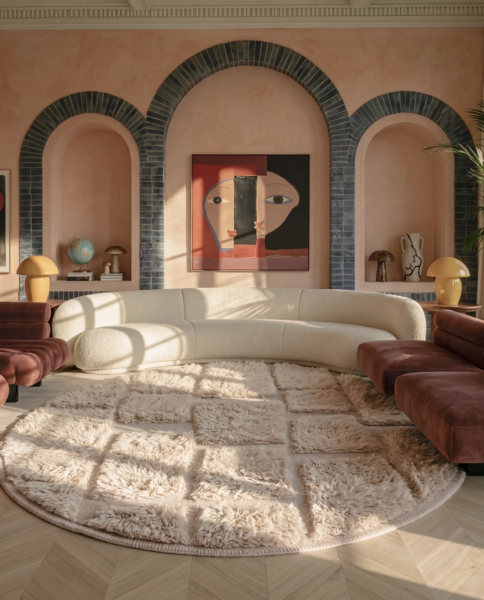 Hamada Ivory hand-knotted round wool shag Moroccan rug in a living room beneath arched tiled niches and a cream sofa