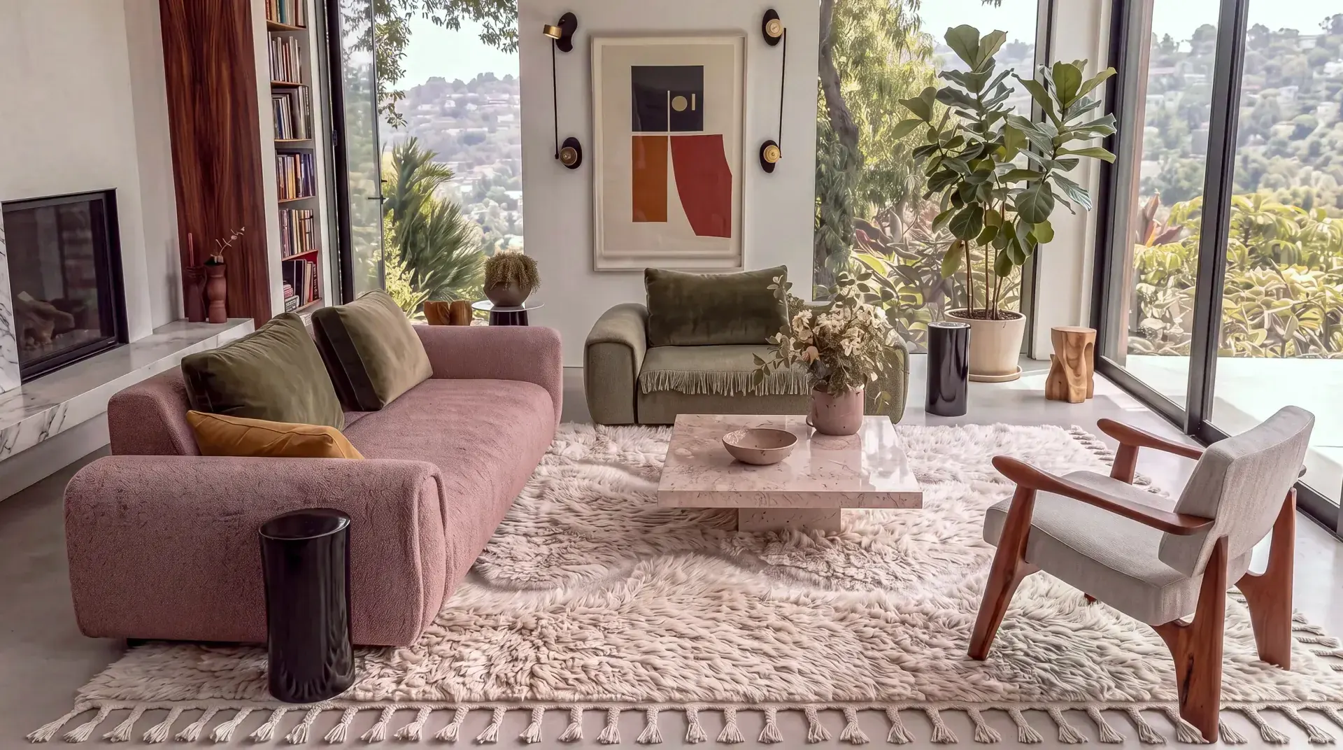 Draa Ivory hand-knotted Beni Mrirt neutral rug in a living room beside a blush sofa and floor-to-ceiling windows
