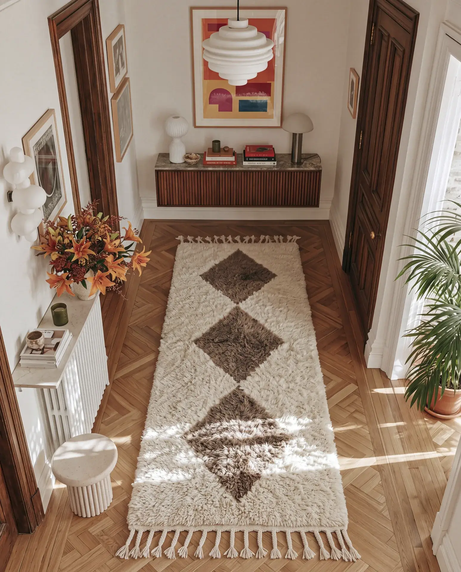 Kerkour Ivory & Taupe hand-knotted Moroccan neutral runner rug along a hallway over oak floors