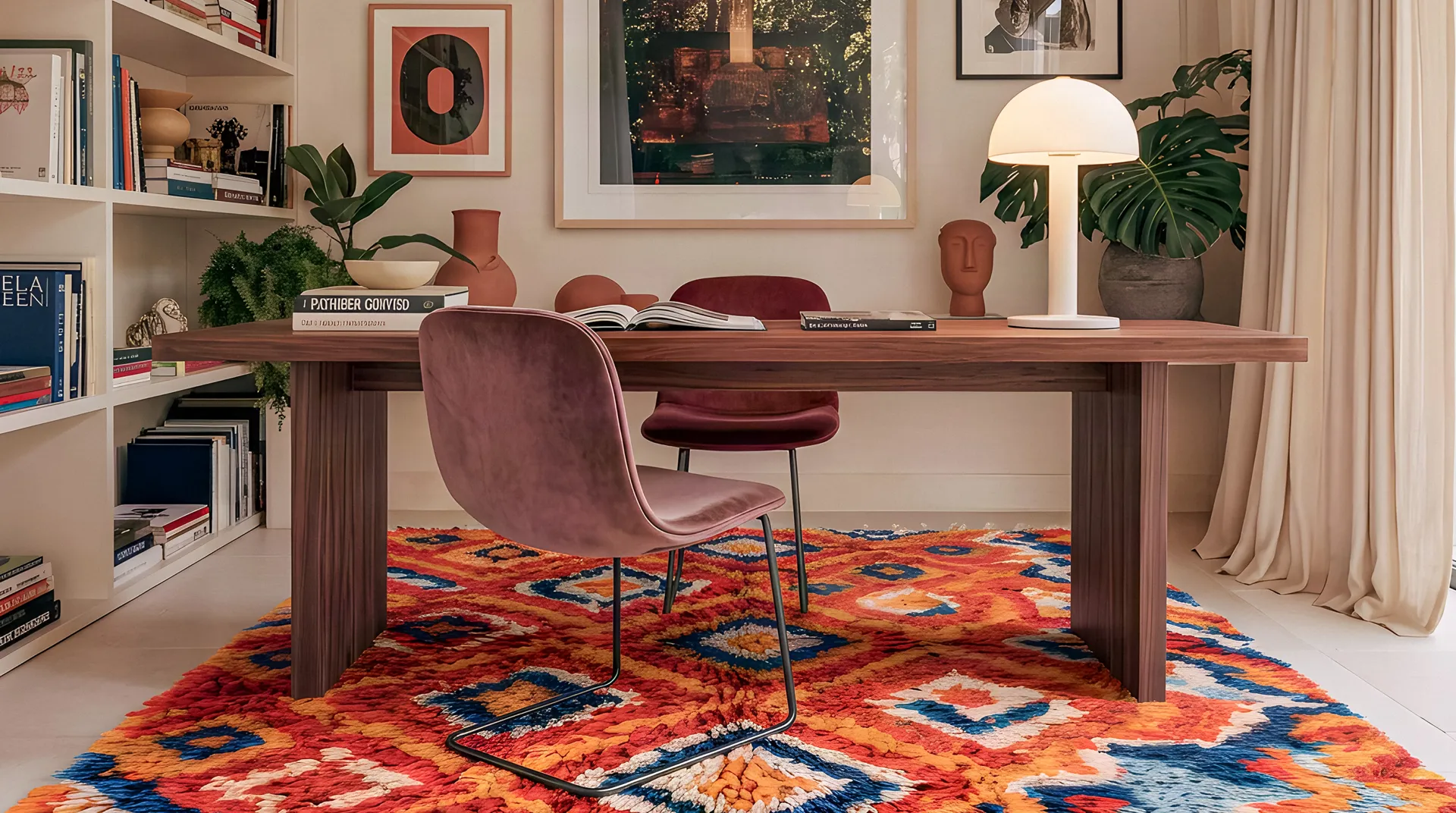 Rumana Red-Orange & Ochre hand-knotted Boujaad rug in a home office under a walnut writing desk