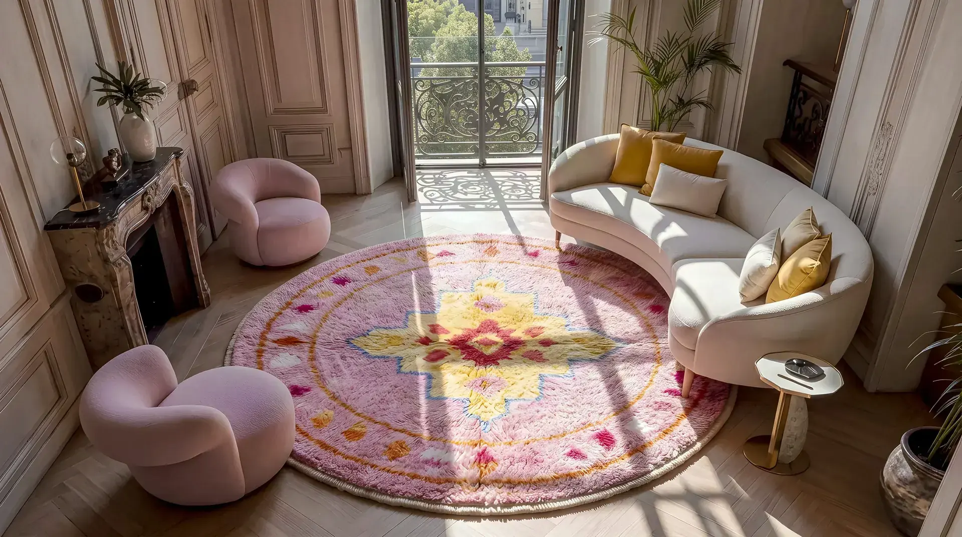Warda Pink handcrafted Boujaad round rug in a living room between a curved white sofa and pink armchairs