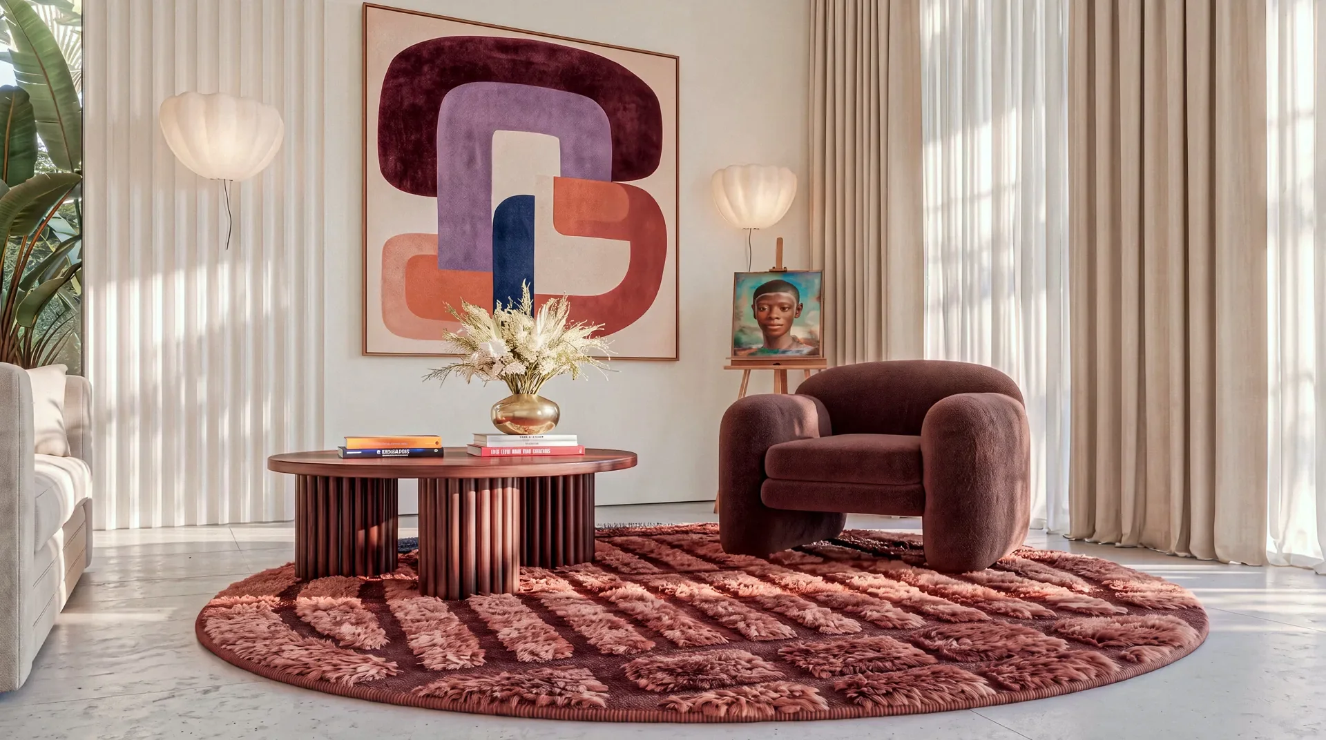 Kasbah Rust & Charcoal handcrafted Beni Mrirt round rug with sculpted arches, in a living room beside a brown velvet armchair