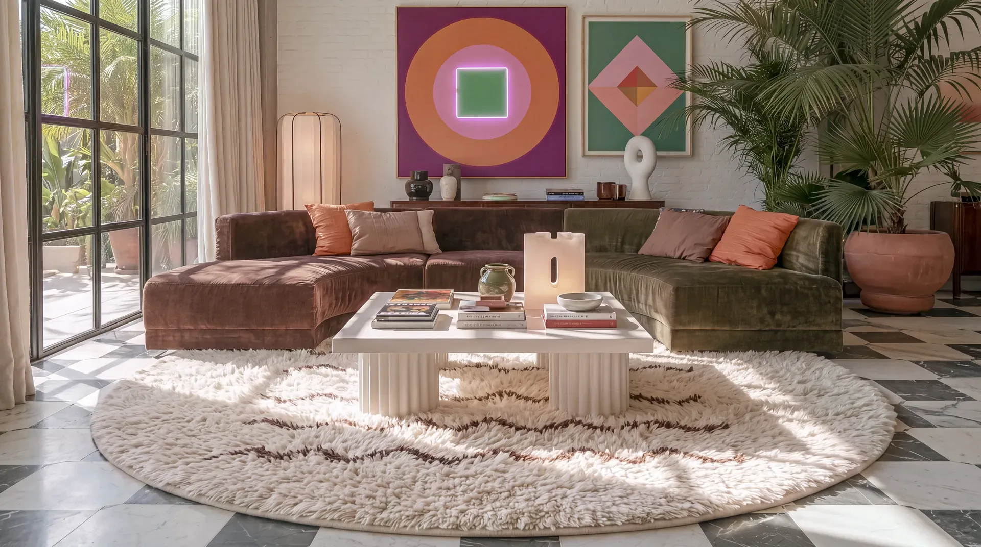 Abrid Ivory & Brown handmade Beni Ourain round rug under a velvet sectional and a white coffee table by tall steel windows