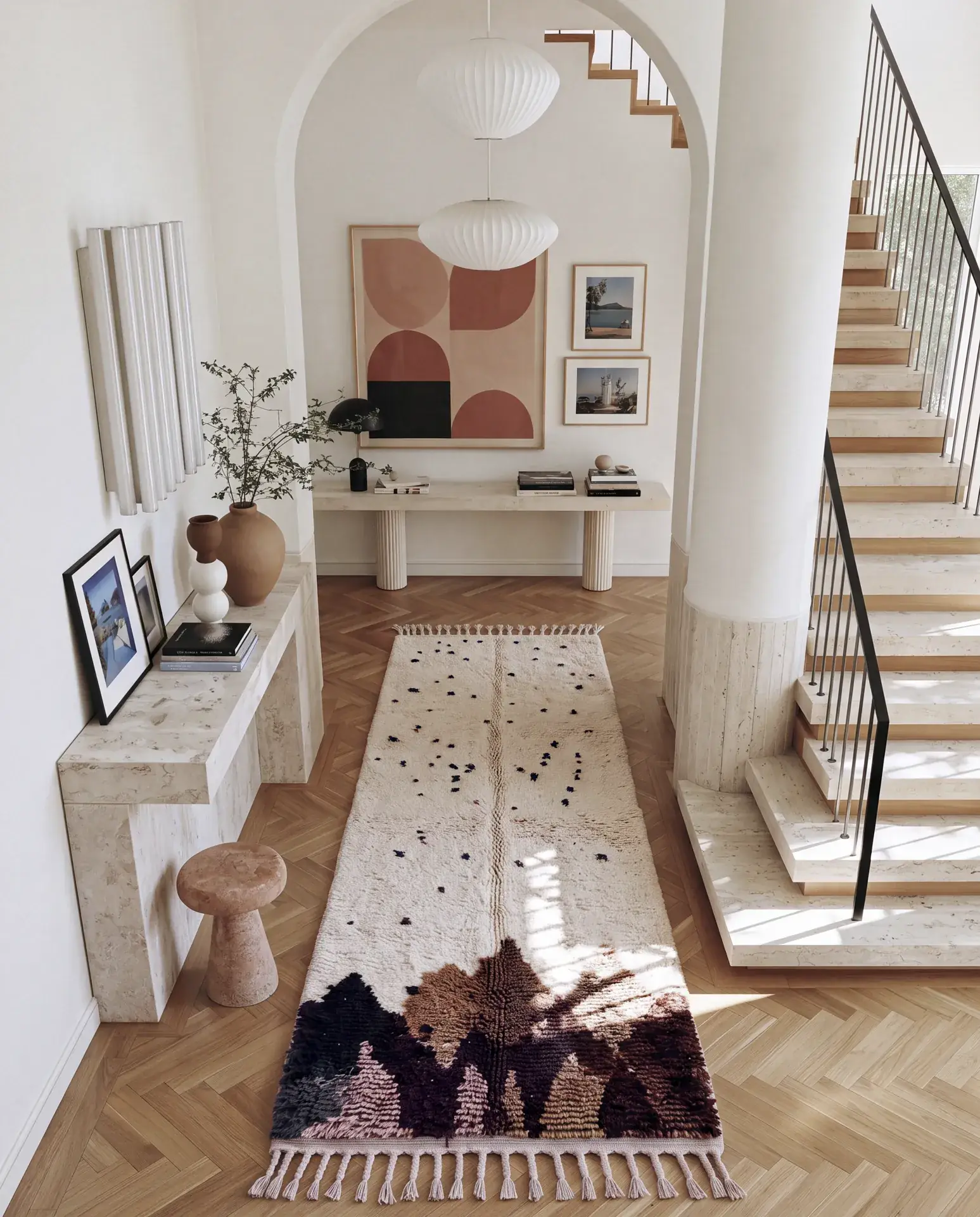 Adrar Ivory & Brown hand-knotted Beni Ourain runner along an entryway at the foot of a staircase