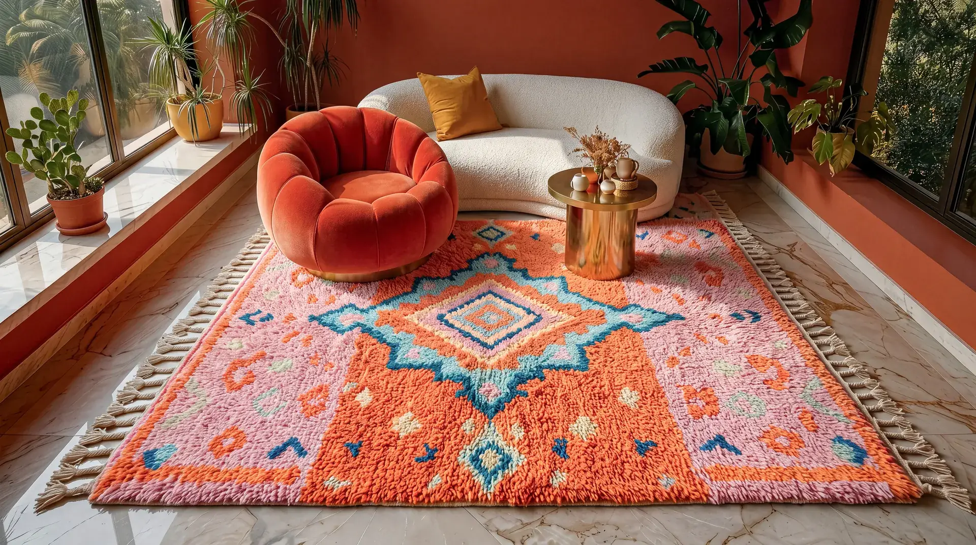 Zahra Orange & Pink hand-knotted Boujaad rug in a living room with a velvet orange armchair and a white boucle sofa