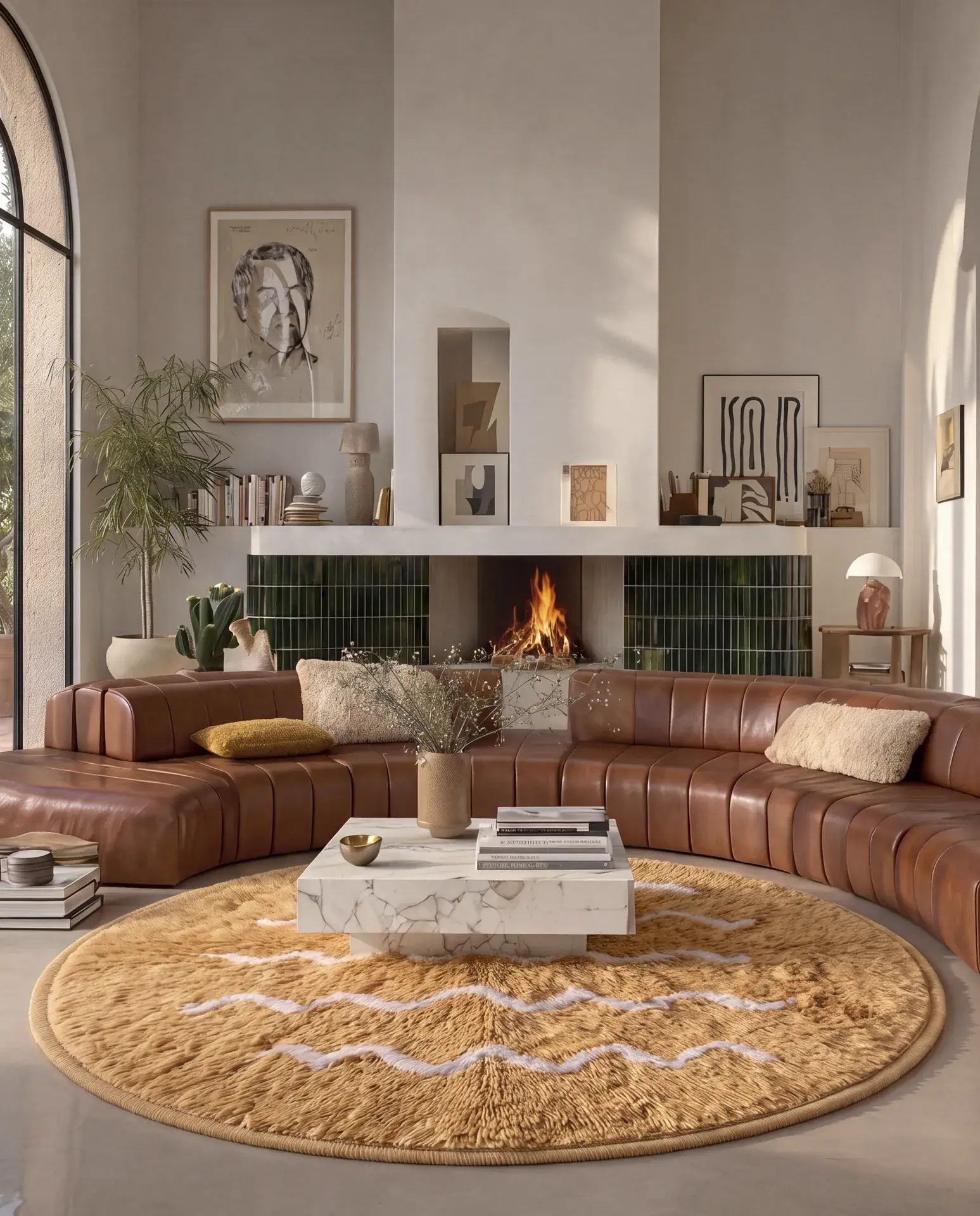 Abrid Ochre yellow handmade Beni Ourain round rug in a living room, in front of a fireplace beside a leather sofa