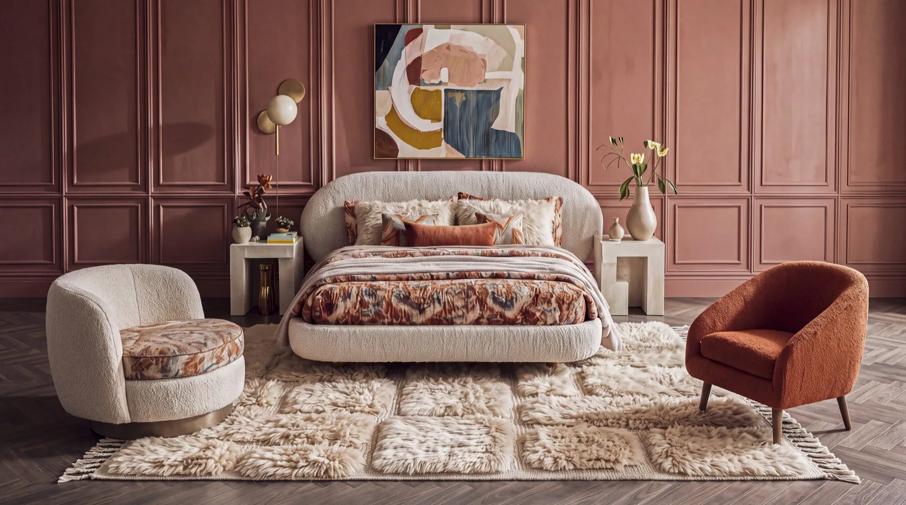 Moroccan wool rug styled in a bedroom