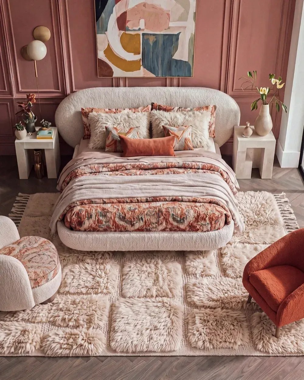 Moroccan wool rug styled in a bedroom