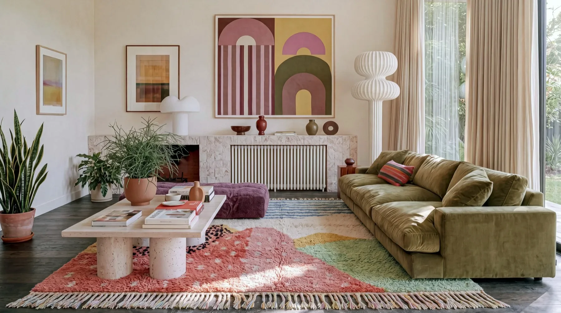 Moroccan wool rug styled in a living room