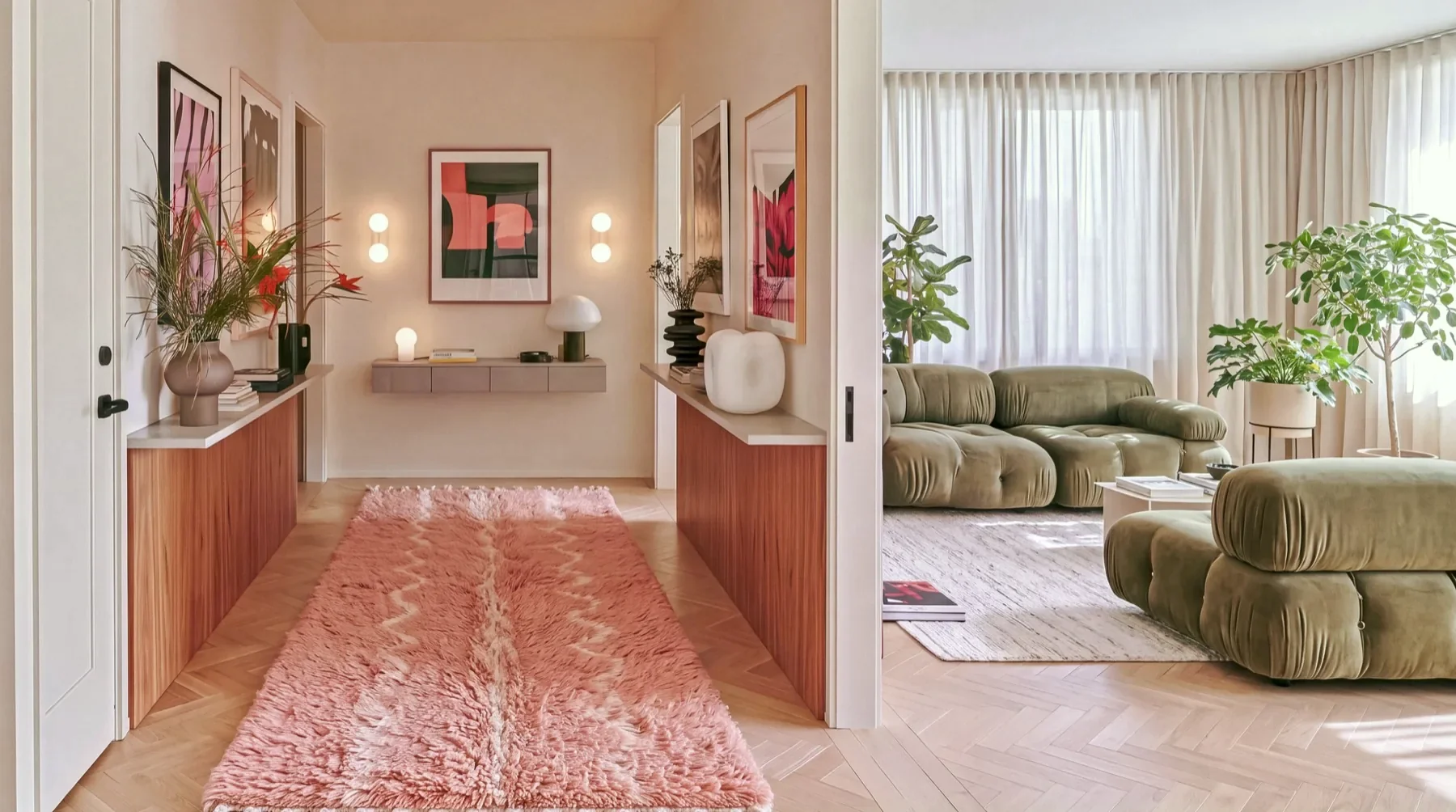 Moroccan wool rug styled in a hallway