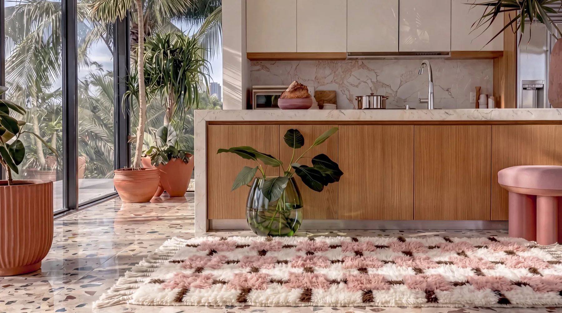 Moroccan wool rug styled in a kitchen