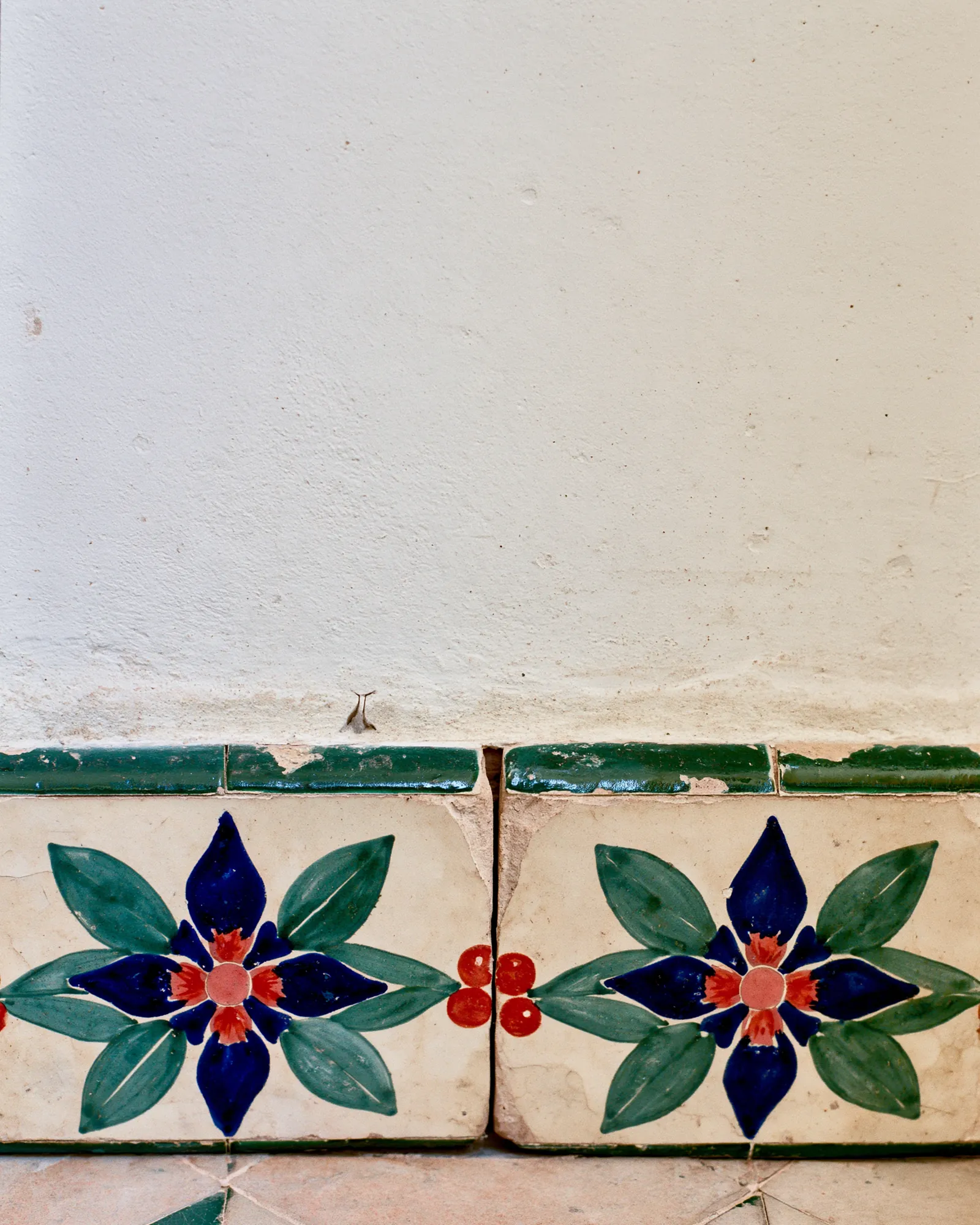 Two painted tiles with blue flowers at the foot of a white wall, the inspiration for the Arsa Blue & Ivory rug