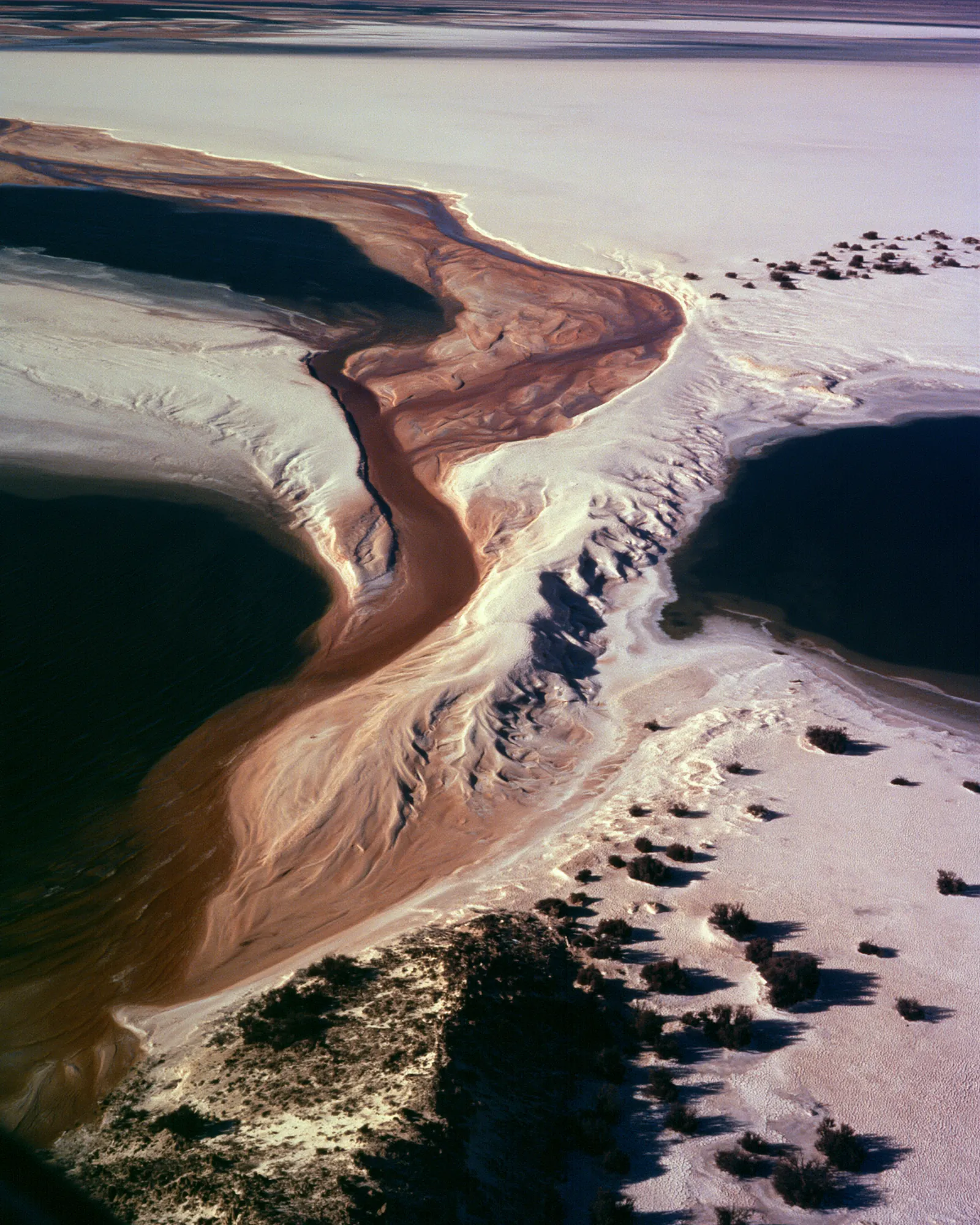 Aerial view of a brown river channel crossing a pale salt flat, the inspiration for the Chebka Navy & Peach rug
