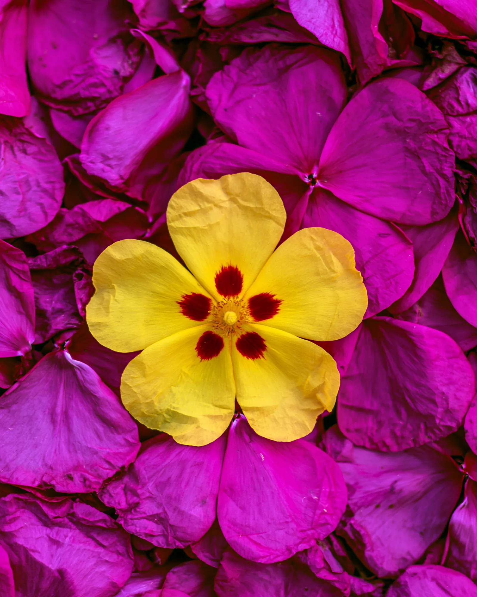 A yellow rockrose with a red eye on a bed of magenta petals, the inspiration for the Warda Pink rug