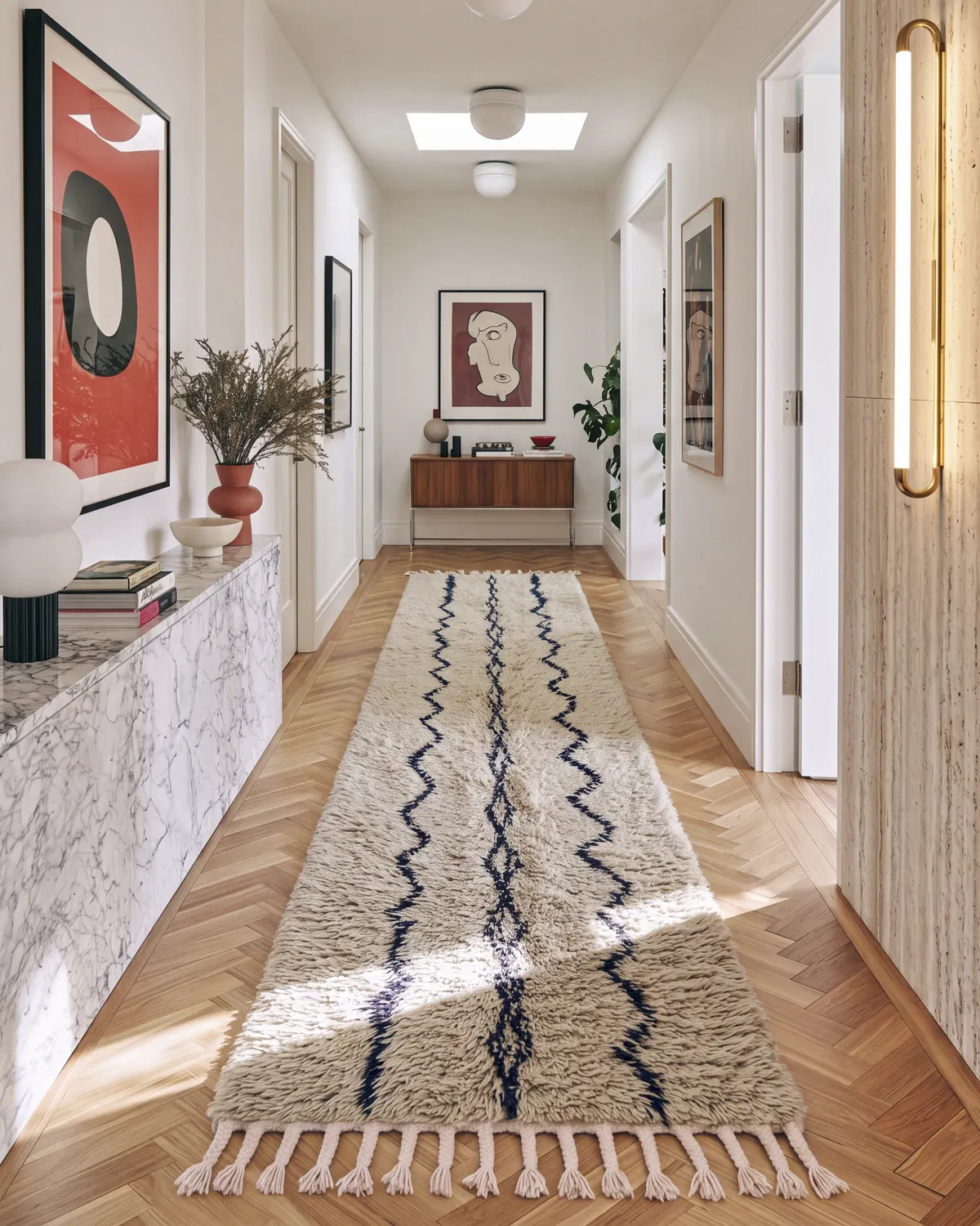 Abrid Sage & Black hand-knotted Moroccan runner, runner, along a hallway beside a marble console