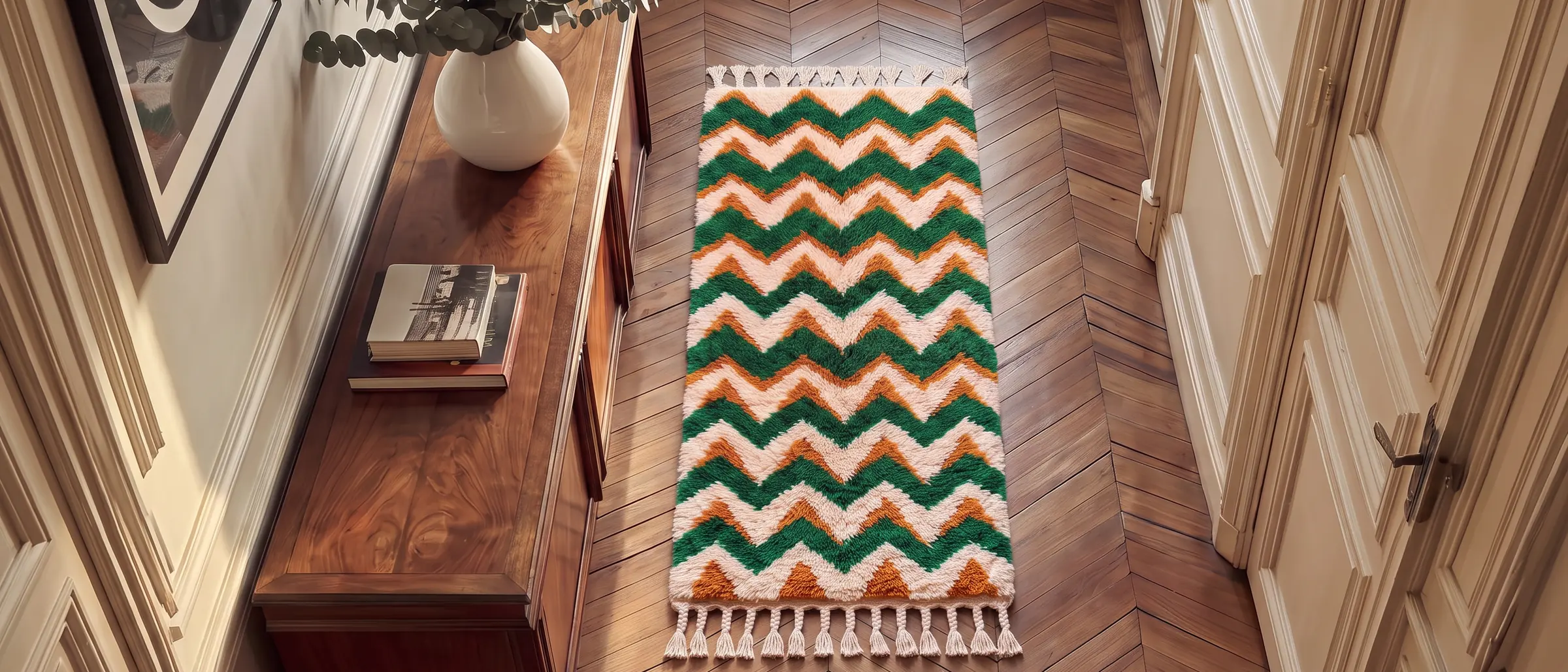 Aman Forest Green & Orange hand-knotted Moroccan runner on a herringbone floor in a hallway, seen from above