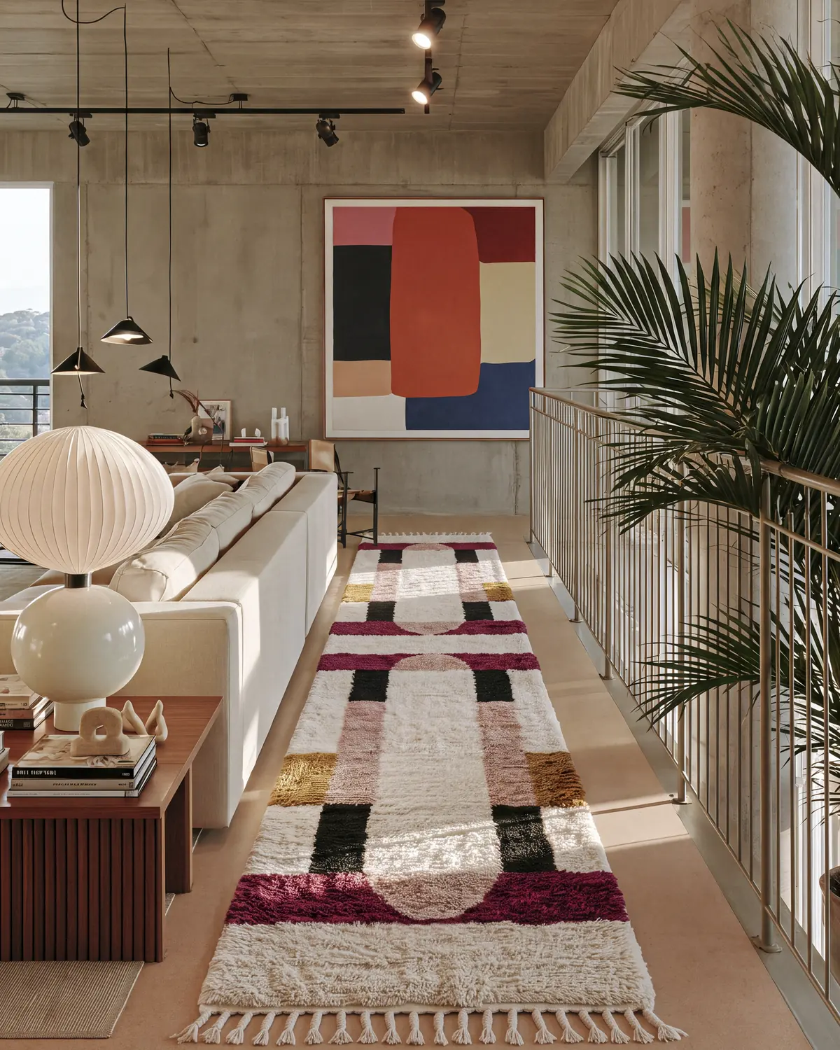 Aza Burgundy & Blush hand-knotted Moroccan rug, runner, along a loft hallway beside a cream sofa