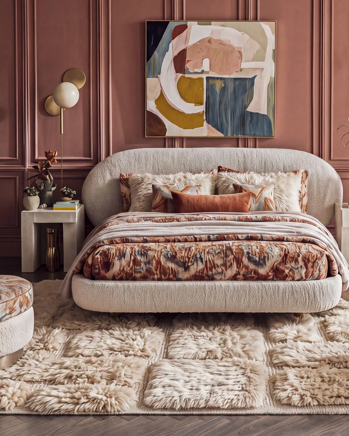 Skala Ivory hand-knotted Moroccan rug under a curved bed in a bedroom with rose panelled walls