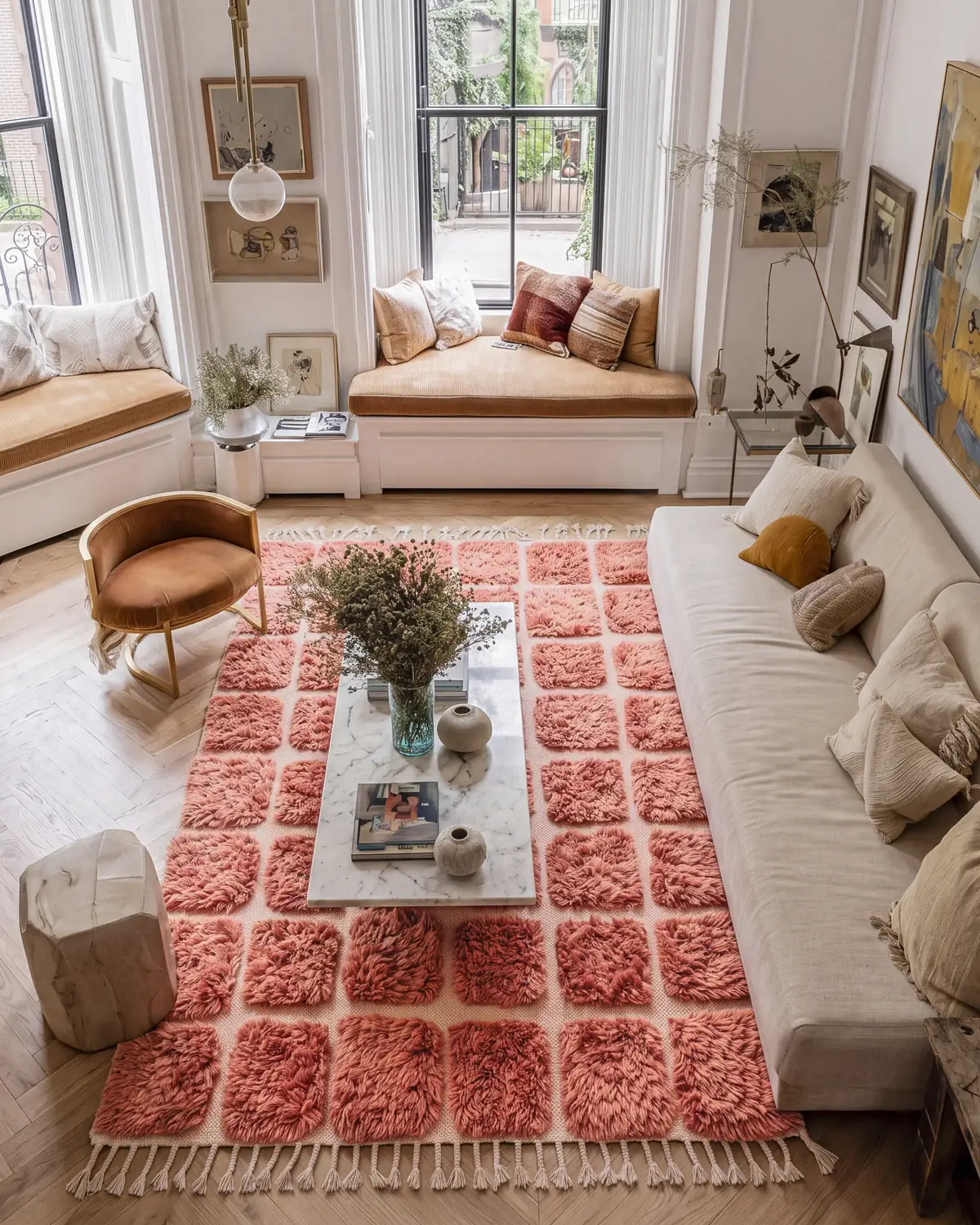 Bejmat coral sculpted Beni Mrirt rug in a living room