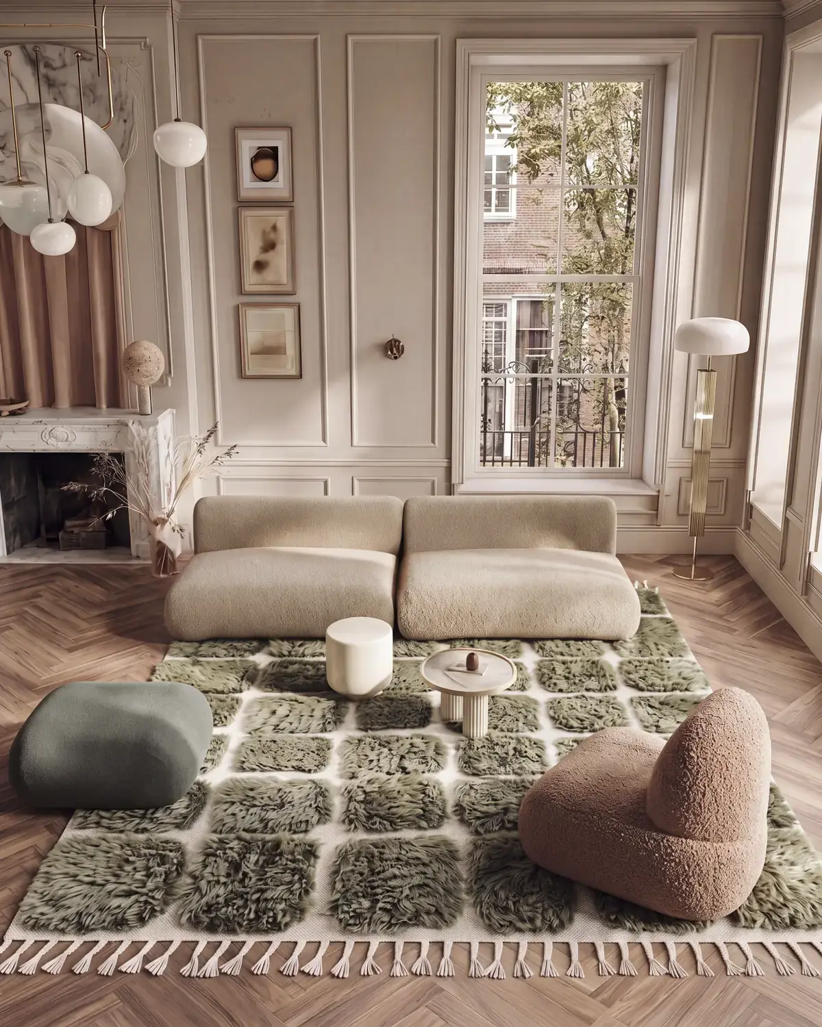 Bejmat Olive hand-knotted Moroccan rug, in a living room on herringbone floors beside a sofa