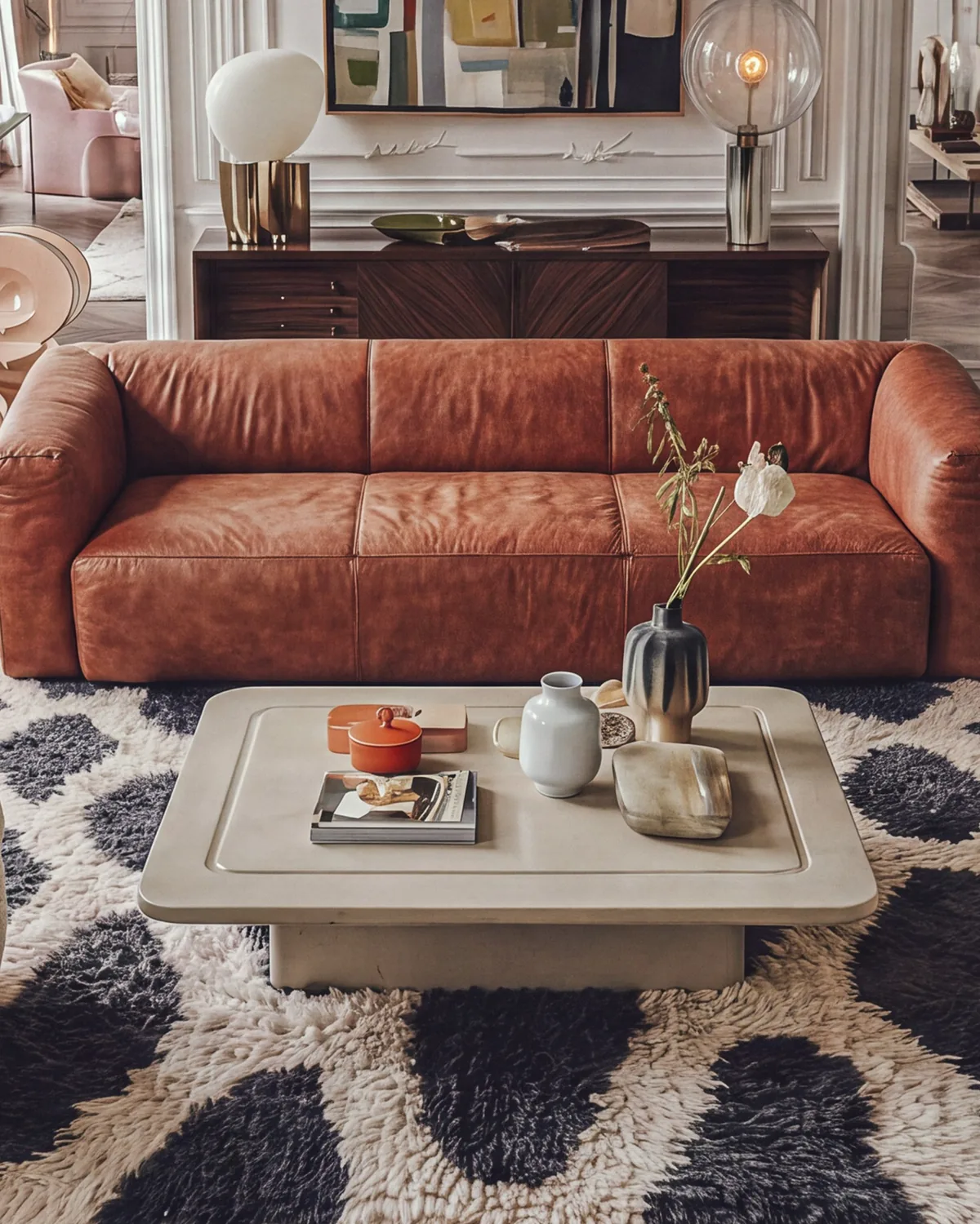 Ouzoud Black & White hand-knotted Beni Ourain rug under a leather sofa and two boucle armchairs