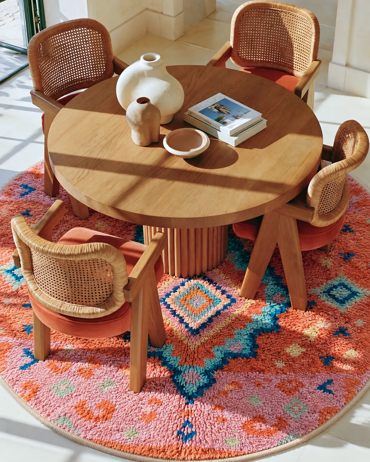 Zahra Orange & Pink handmade round Moroccan rug under an oak dining table with cane chairs, seen from above