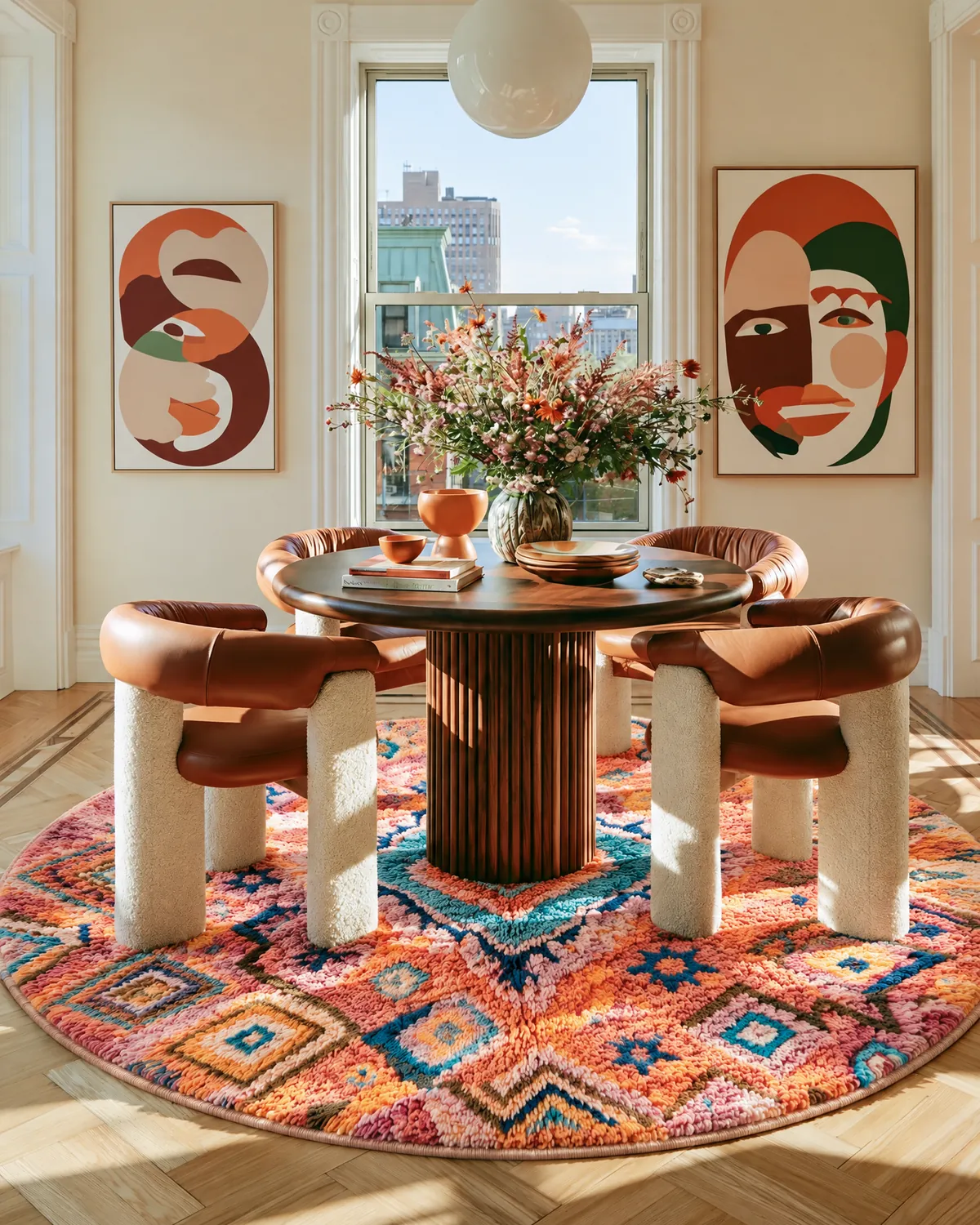 Amalou Pink & Orange hand-knotted round Moroccan rug under a fluted dining table with curved leather chairs