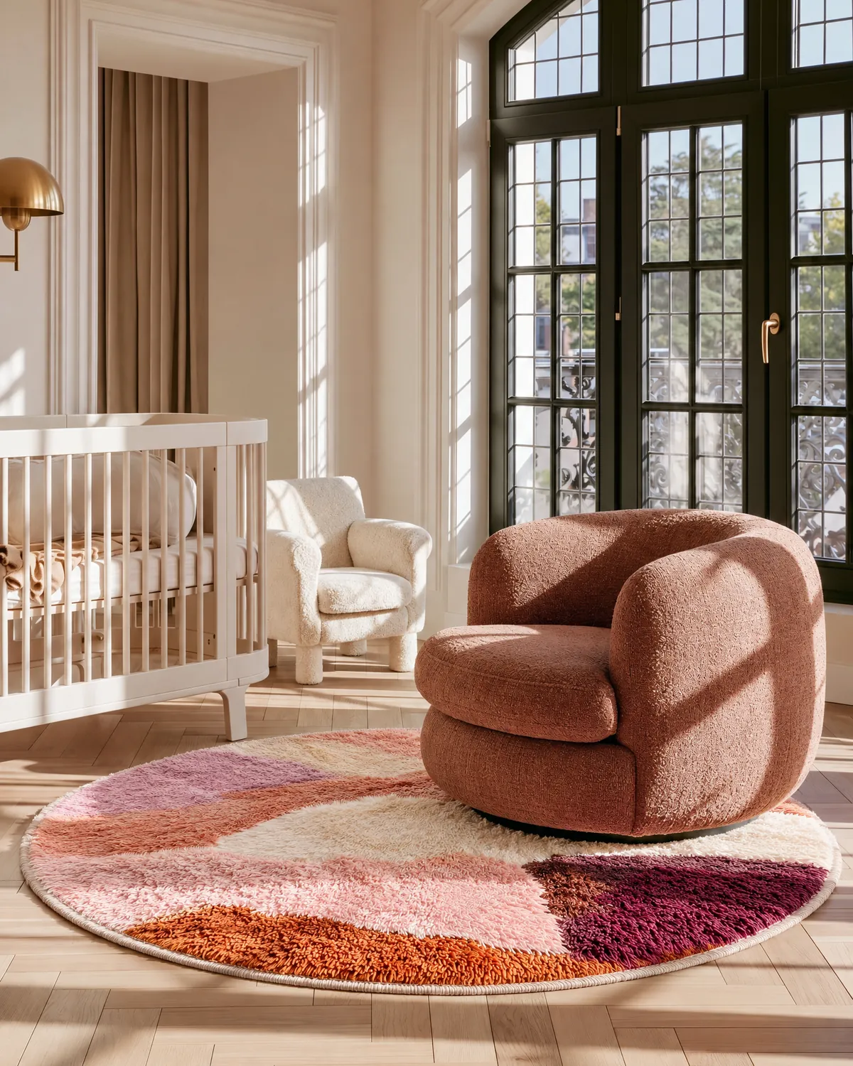 Ourika Peach & Pink handmade round Moroccan rug under a boucle armchair in a nursery with a white crib