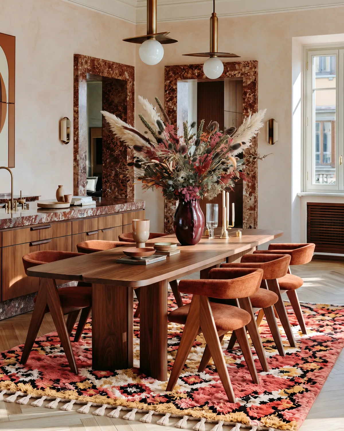 Tazerzit Coral & Mustard handcrafted Moroccan rug under a long walnut dining table and six velvet chairs