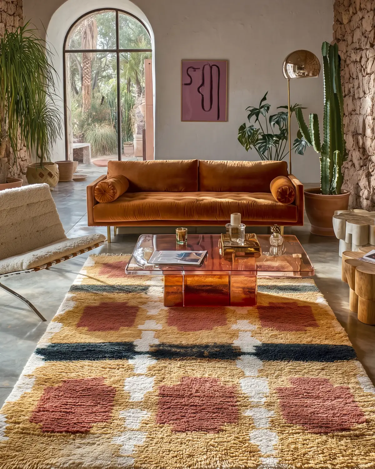 Chouara Ochre & Terracotta hand-knotted Moroccan rug, beside a rust velvet sofa near an archway