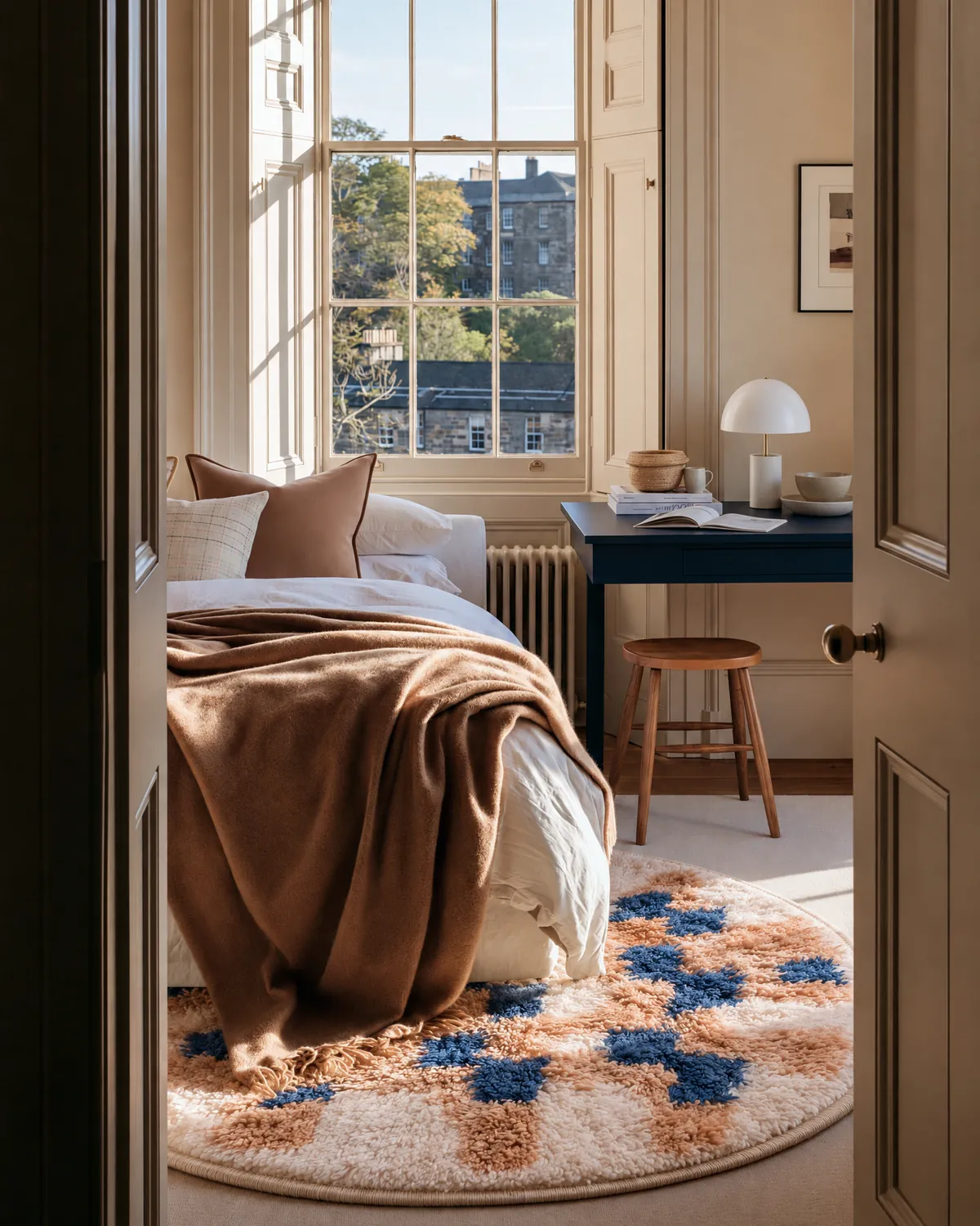 Tirra Navy & Brown round handcrafted Berber rug at the foot of a bed with a brown throw in an older child's room