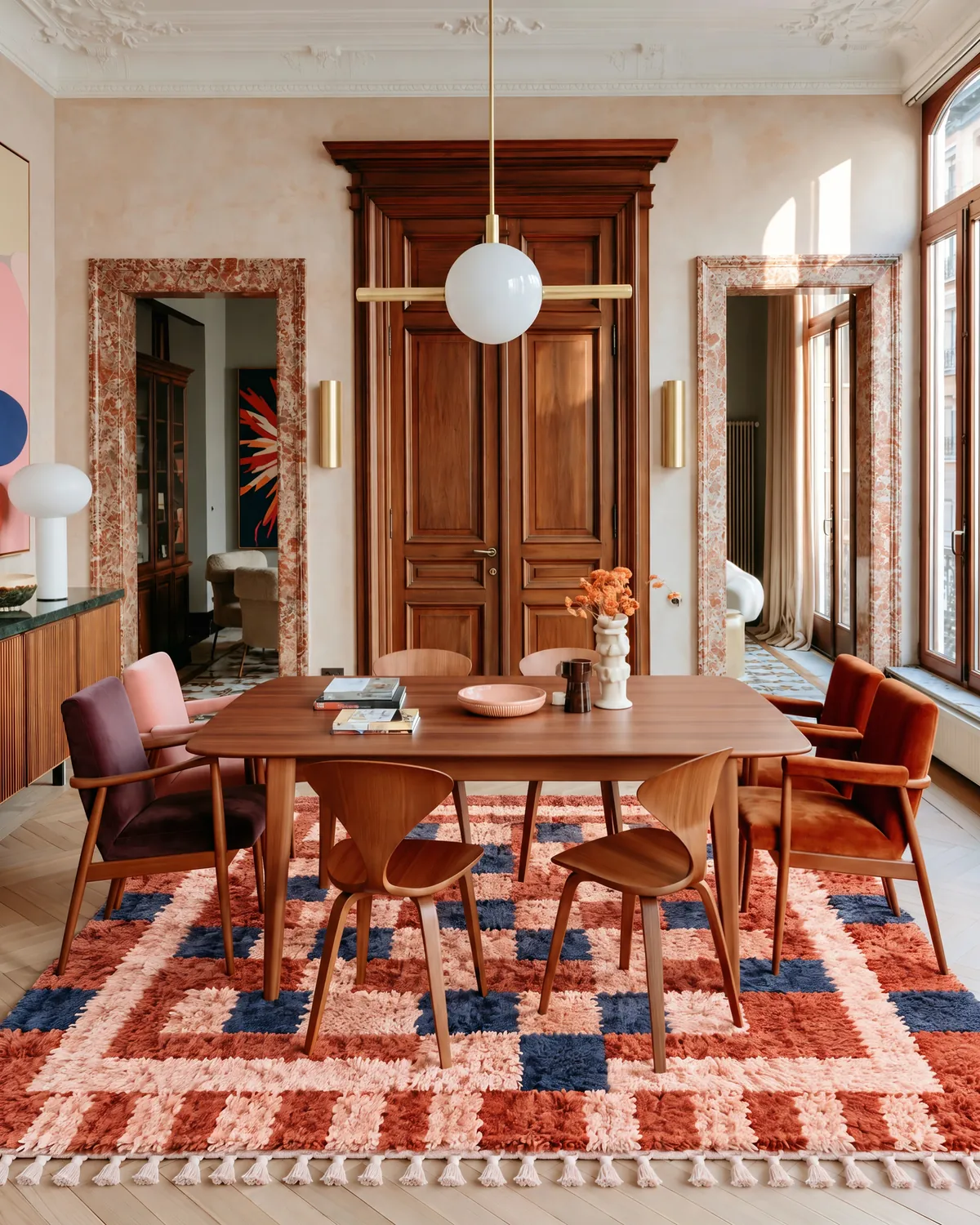 Darja Burnt Orange & Navy handmade Berber rug under a dining table with mixed chairs, carved double doors behind
