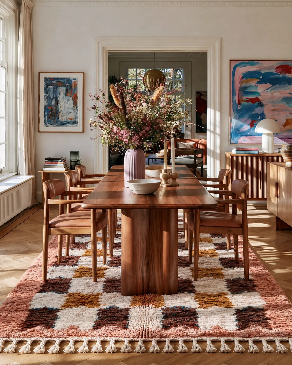 Ammas Coral & Brown hand-knotted checkered Moroccan rug under a long walnut dining table and oak chairs