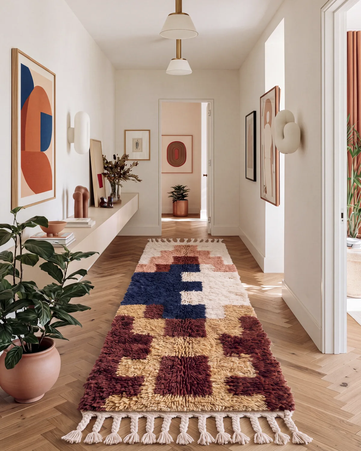 Darja Navy & Peach hand-knotted Moroccan rug, runner, in a hallway beside a floating console shelf