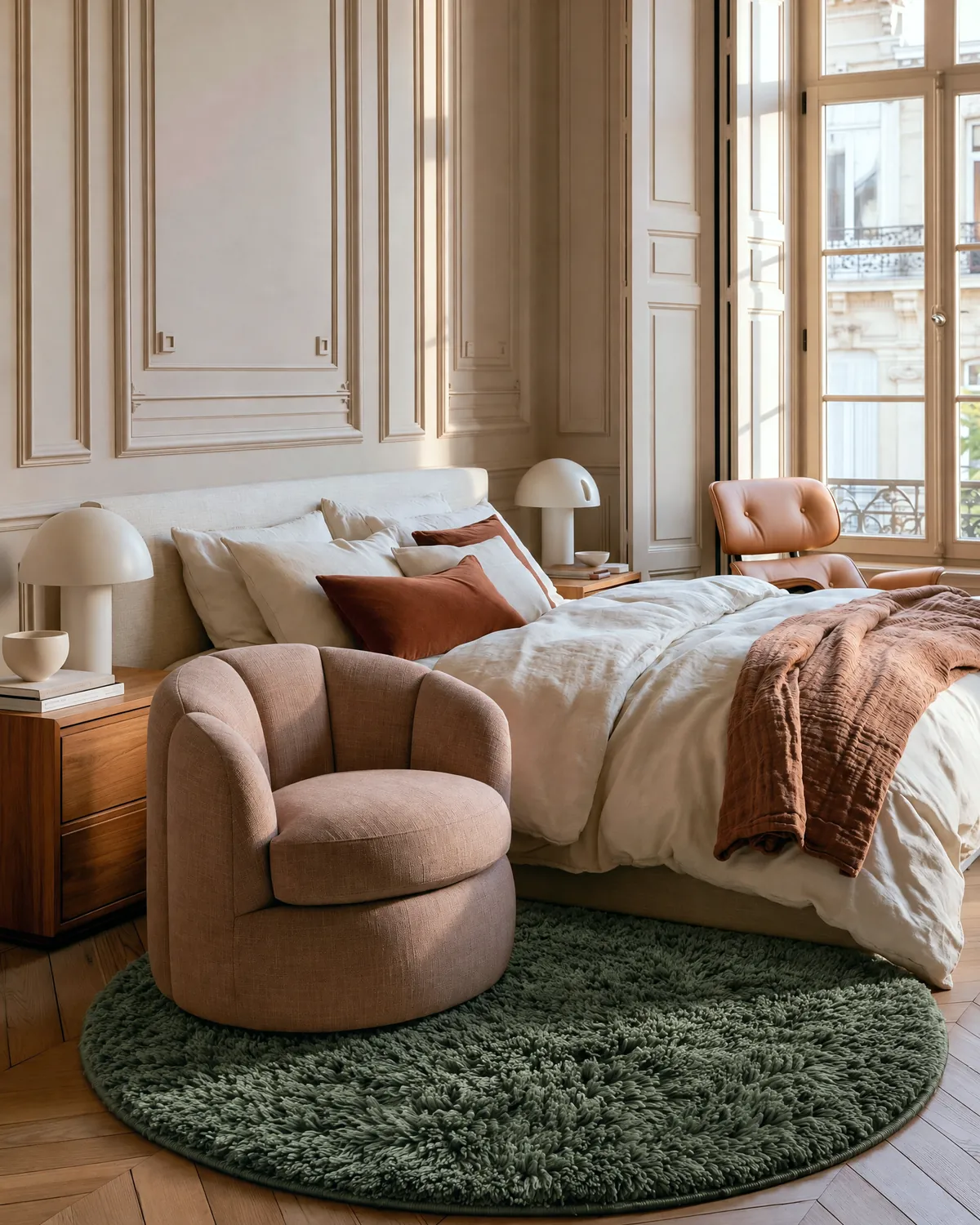 Tagant Forest Green handmade round Moroccan rug under a rose boucle armchair beside a bed in a panelled room